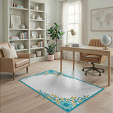 Blue and Teal Teal Floral Border Area Rug