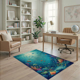 Sunlit Underwater Coral Reef Rug with Fish Turtles