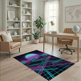 ODIKA Retro Synthwave Neon Grid Washable Area Rug - 80s Cyberpunk Non-Slip Low Pile Decor
