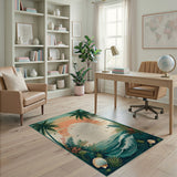 ODIKA Washable Tropical Beach Sunset Area Rug - Vintage Low Pile Non-Slip Rug