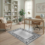 Ornate Black White Floral Frame Area Rug