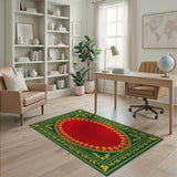 Opulent Green Frame Gold Accents Red Oval Persian Rug