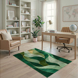 Washable Emerald Green and Gold Abstract Wavy Area Rug, Low Pile Non-Slip