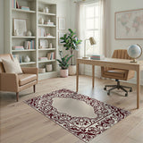 Beige and Neutral Ornate Maroon Floral Border Area Rug