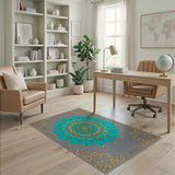 Teal Lotus Mandala Area Rug with Gold Accents