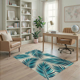 Blue and Teal Coastal Beach Teal Palm Leaf Coastal Area Rug