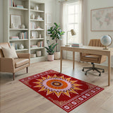 Red Starburst Mandala Rug with Floral Borders