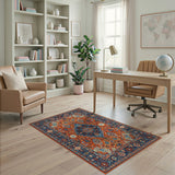 Vibrant Orange Persian Area Rug with Navy Borders