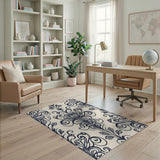 Elegant Navy Floral Damask Area Rug