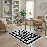 Black White Geometric Maze Labyrinth Area Rug
