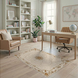 Ornate Beige Persian Area Rug with Gold Floral Medallion