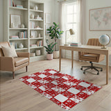 Festive Reindeer Snowflakes Red Patchwork Rug