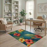 Teal Hibiscus Bloom Tropical Leaf Area Rug