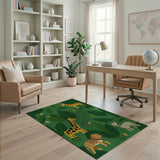 Green Jungle Safari Kids Area Rug with Giraffes Lion