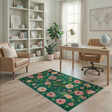 Emerald Green Rug with Lush Pink Peonies