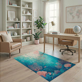 Washable Ocean Coral Reef Area Rug, Teal & Pink Low Pile Coastal Decor