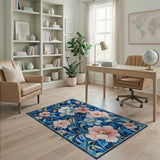 Blue and Teal Navy Blue Floral Embroidered Area Rug