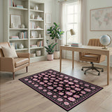 Pink Daisy Floral Black Area Rug
