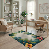 ODIKA Tropical Hibiscus Floral Washable Rug - Low Pile Non-Slip Pet Friendly Area Rug