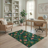 Lush Teal Green Palm Leaves Pink Blooms Area Rug