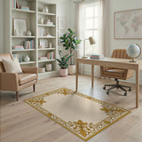 Gold and Silver Ornate Gold Leaf Border Area Rug