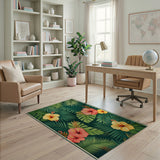 Tropical Hibiscus & Palm Leaves Washable Area Rug - Low Pile Non-Slip Floral Carpet