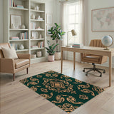 Ornate Gold Damask on Emerald Green Area Rug