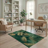 Coastal Beach Emerald Green Gold Palm Leaf Area Rug