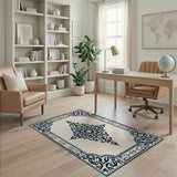 Navy Ornate Medallion Football Border Area Rug