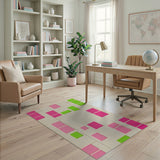 Vibrant Pink Green Geometric Patchwork Rug