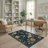 Navy Peony and Songbirds Floral Area Rug