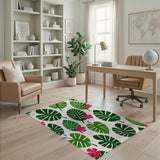 Lush Monstera Leaf Pink Hibiscus Area Rug