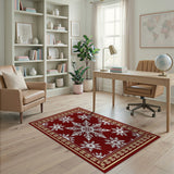 Red Snowflake Area Rug with Ornate Gold Border