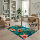 Washable Tropical Teal Hibiscus Area Rug - Low Pile, Non-Slip, Pet Friendly