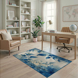 ODIKA Blue Botanical Washable Area Rug - Chinoiserie Low Pile Non-Slip Rug