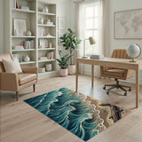 Blue and Teal Teal Ocean Waves Crashing on Sandy Beach Rug