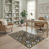 Gold Gray Geometric Diamond Floral Rug