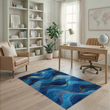 Abstract Blue Waves with Gold Accents Area Rug