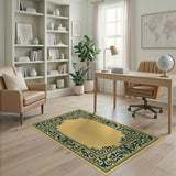 Ornate Teal Floral Frame Beige Area Rug