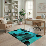Blue and Teal Teal Black Geometric Abstract Area Rug