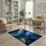 ODIKA Washable Abstract Blue and Gold Area Rug - Low Pile Non-Slip Contemporary Carpet