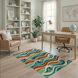 Teal Ocean Waves Coastal Beach Area Rug