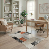 Modern Geometric Beige Area Rug with Orange Grey Blocks