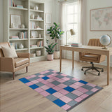 Vibrant Blue Pink Gray Geometric Tile Area Rug
