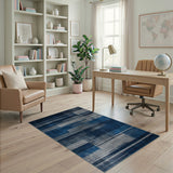 Distressed Navy Blue Grey Striped Area Rug