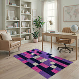 Vibrant Purple Pink Navy Geometric Block Area Rug