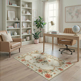 ODIKA Vintage Floral Washable Area Rug - Low Pile Non-Slip Traditional Cream & Coral Rug