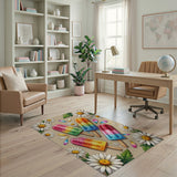 ODIKA Washable Colorful Popsicle & Daisy Floral Area Rug - Low Pile Non-Slip Indoor Rug