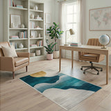 Teal Abstract Waves Golden Sun Area Rug
