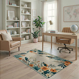 Teal Birds Orange Hibiscus Fern Area Rug